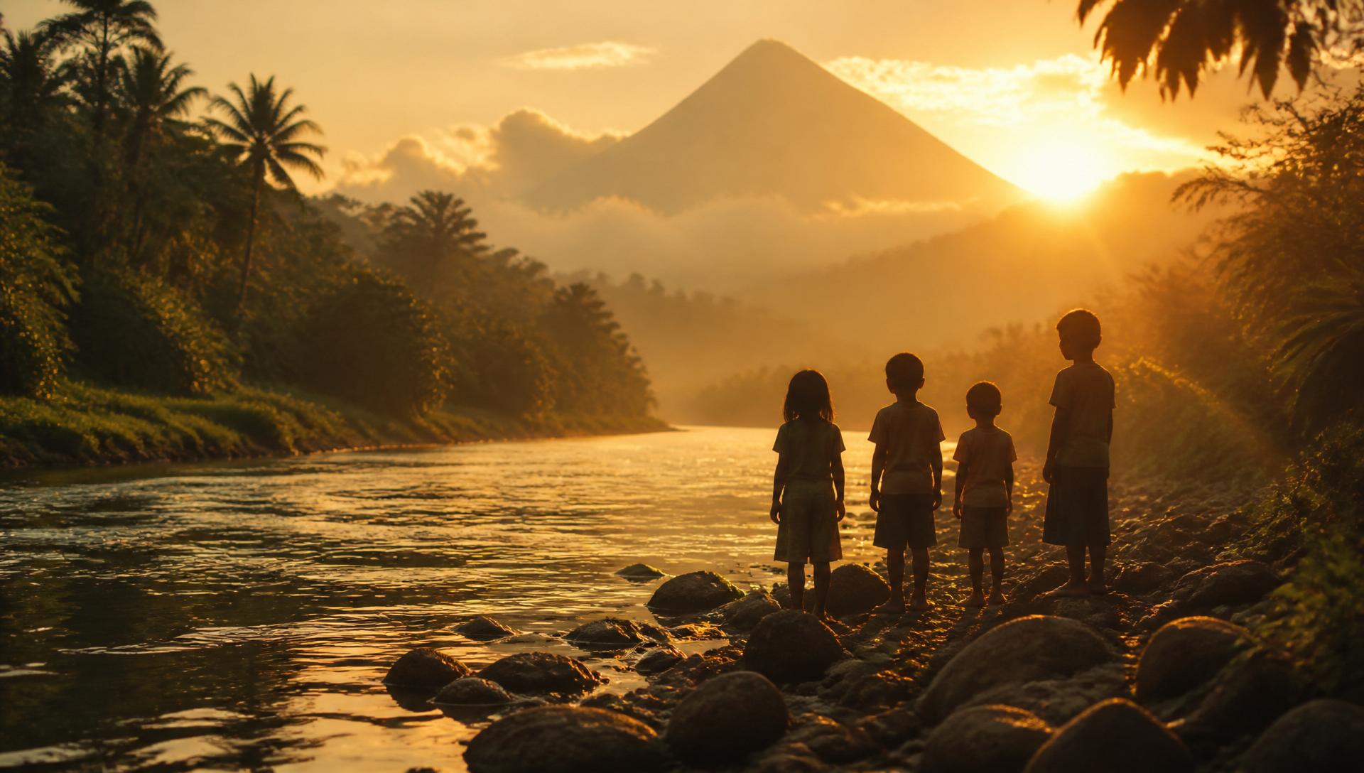 Children at sunset by a river with volcanoes in the distance