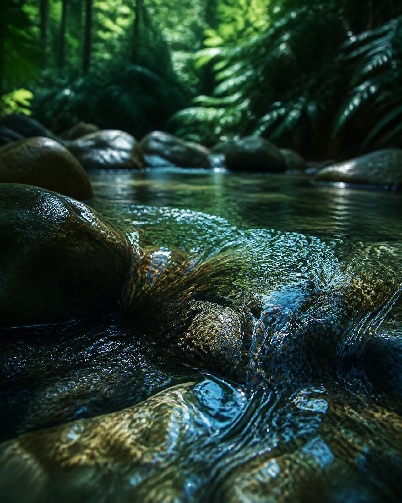 Clear river water flowing over stones in a rainforest
